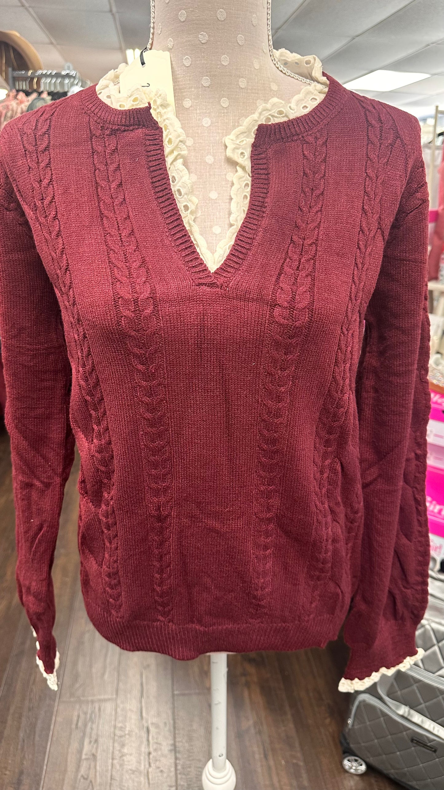 Vine and Love Burgundy Lace Embellished VNeck Cable Knit Sweater VT60757