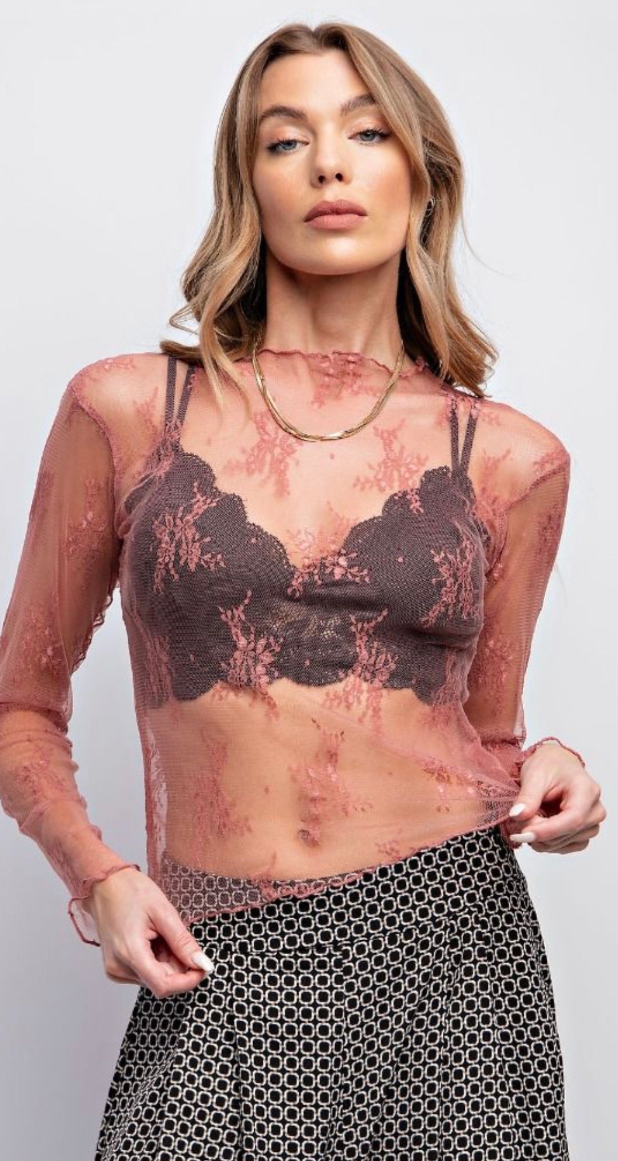 EASEL ET18261X MAUVE PLUS SIZE-ALL OVER SHEER LACE TOP