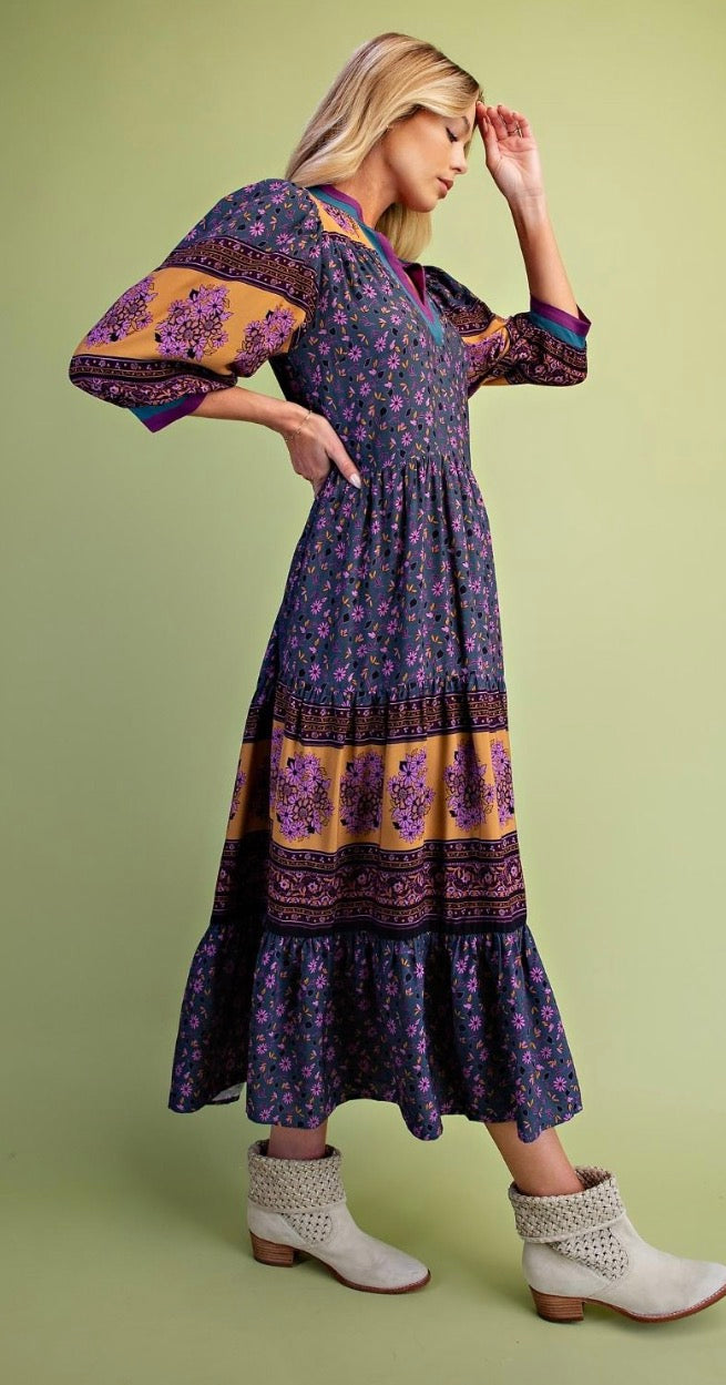 Easel SD300107 FADED TEAL PRINTED RAYON POPLIN WOVEN DRESS