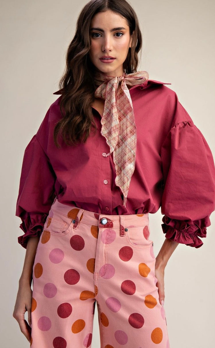 Easel ET19050 BERRY 3/4 SLEEVES BUTTON DOWN POPLIN SHIRT BLOUSES