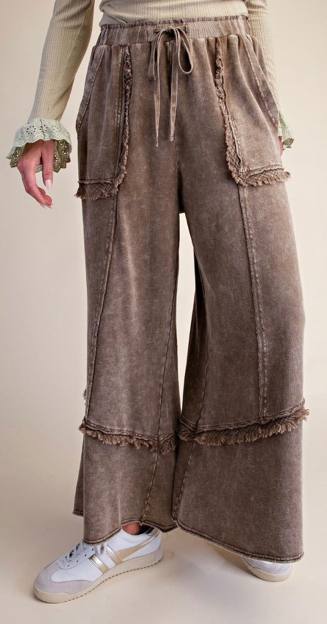 Easel EB58326 OLIVE GREEN SELF FRAY DETAILING WASHED TERRY PANTS