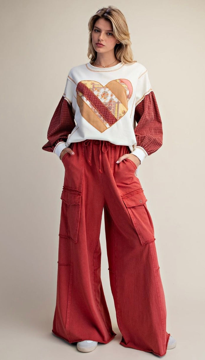 Easel EB40795 Boho Red Mineral Washed Wide Legs