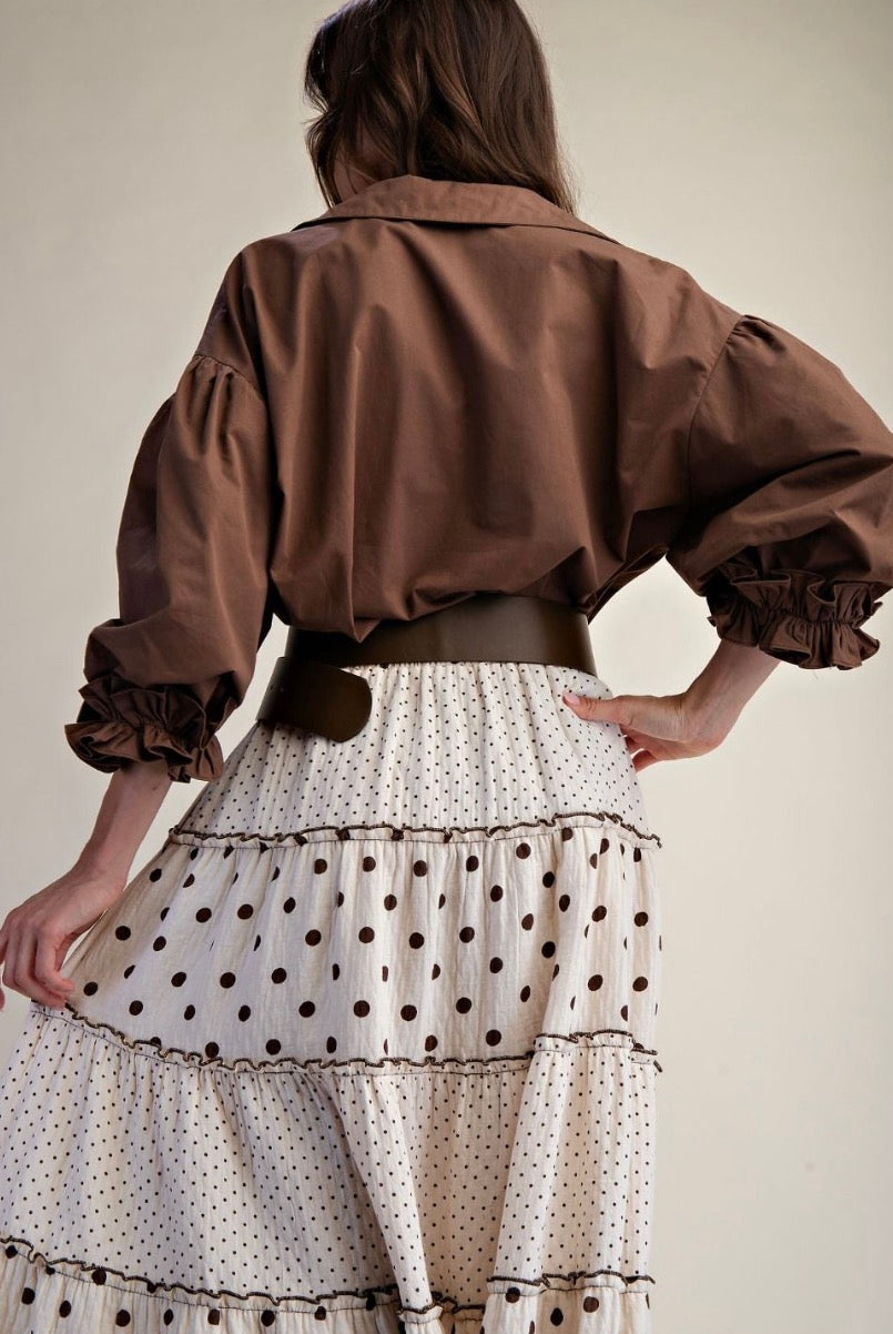 Easel ET19050 BROWN 3/4 SLEEVES BUTTON DOWN POPLIN SHIRT BLOUSES