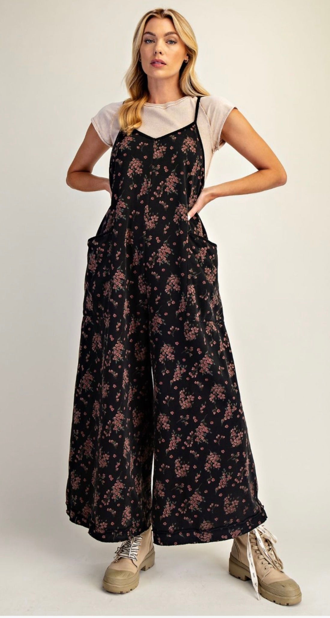 EASEL EB57899 Floral print Mineral Wash Jumpsuit