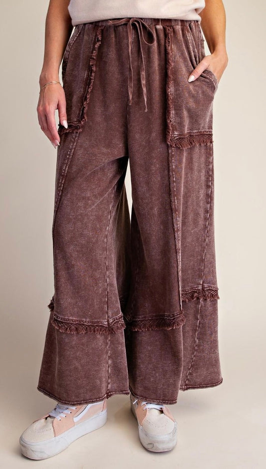 Easel EB58326 BROWN SELF FRAY DETAILING WASHED TERRY PANTS
