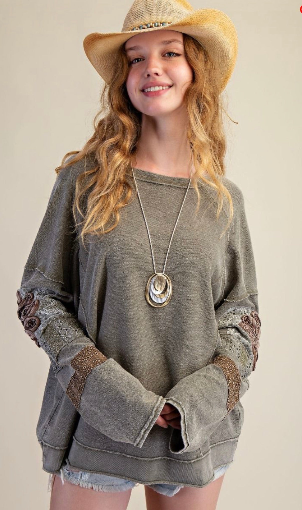 EASEL ET28071 Faded Olive Lace Mix Mineral Wash Pullover