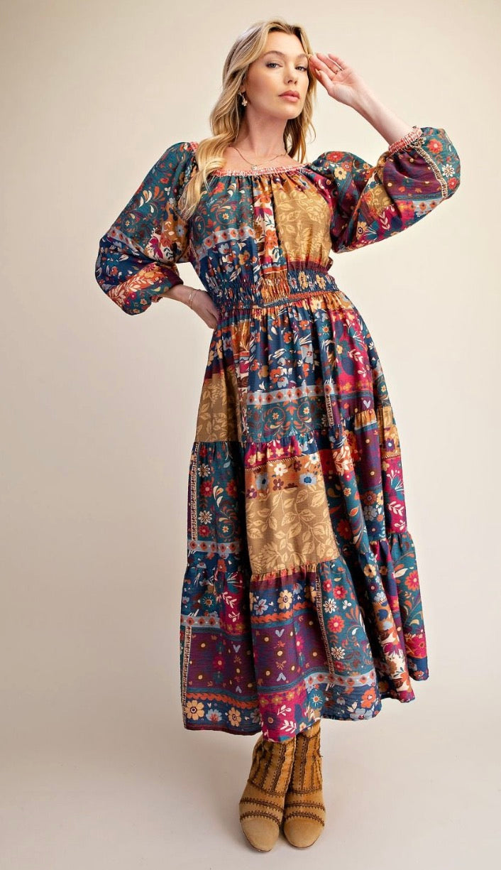 Easel ED30351 Teal Lilac PATCH PRINTED RAYON NYLON WOVEN DRESS
