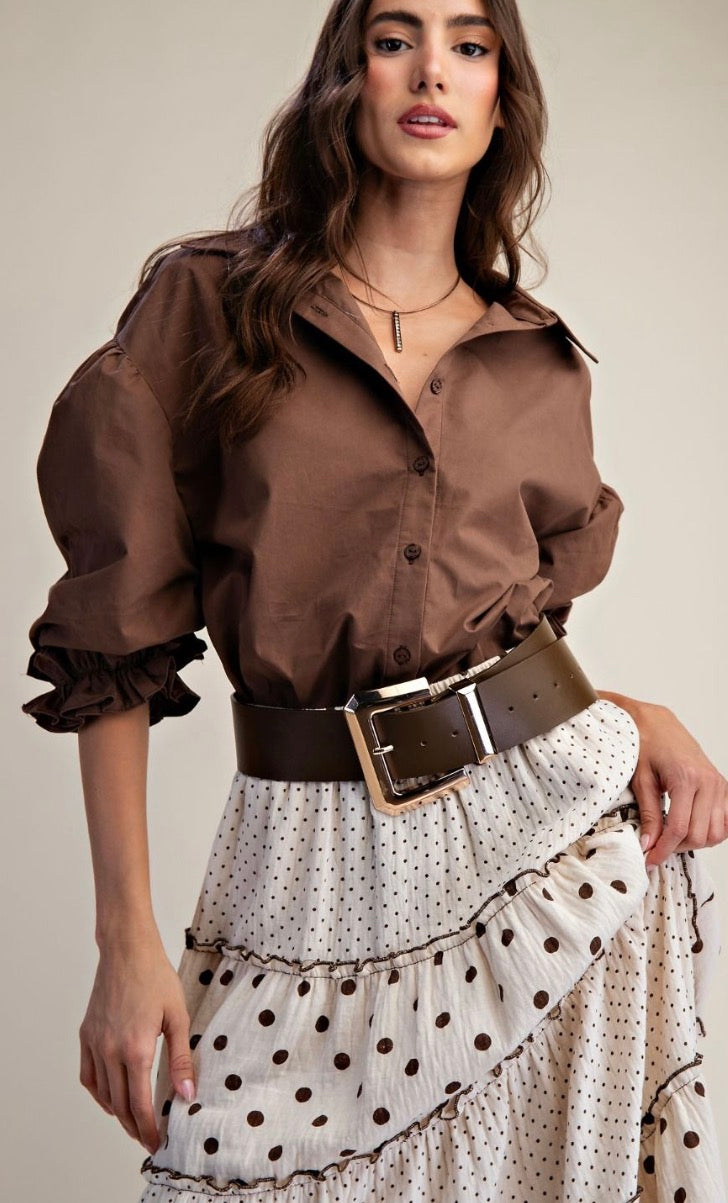 Easel ET19050 BROWN 3/4 SLEEVES BUTTON DOWN POPLIN SHIRT BLOUSES