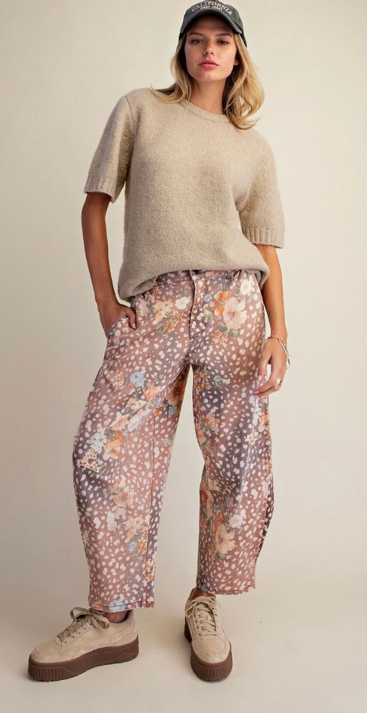 Easel EB58342X BAMBI ANIMAL FLORAL PRINT WASHED TWILL BARREL PANTS