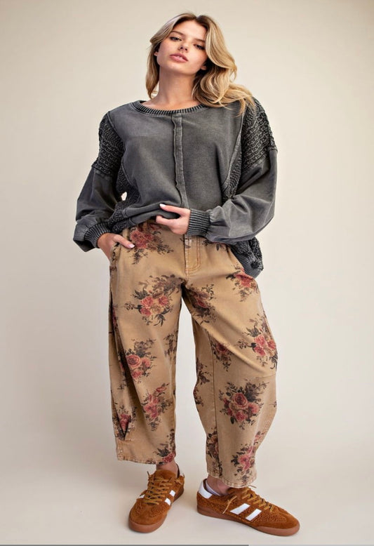 EASEL EB57991 Floral Print Mineral Wash Twill Barrel Pants Toast