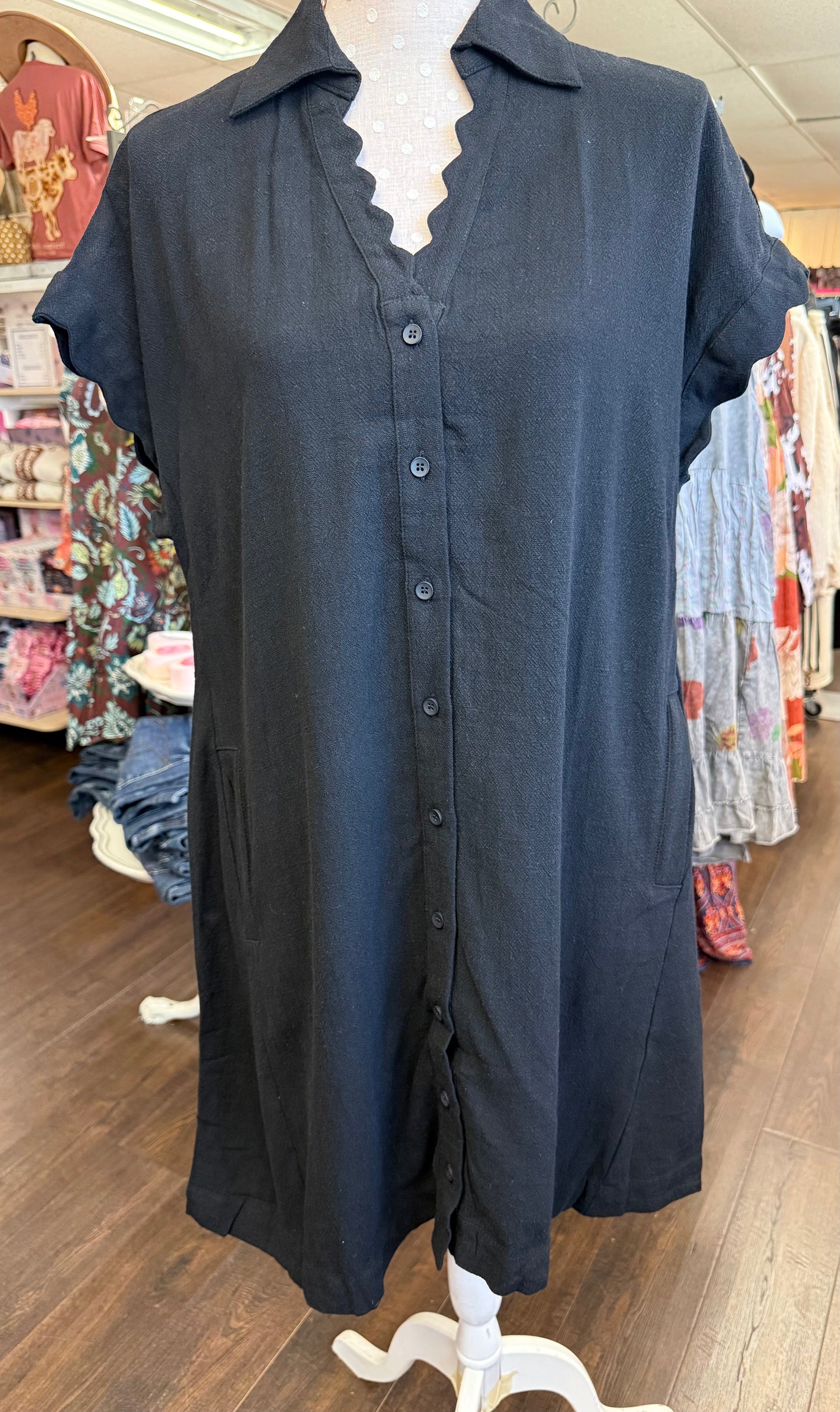 Umgee WC5611 Black Linen Scallop Sleeve Button-Down Dress