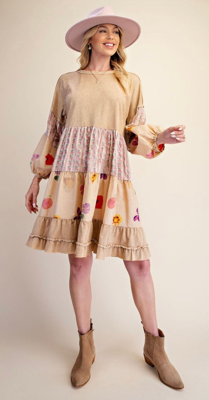 EASEL ED29897 LATTE PRINT MIX TIERED WASHED DRESS