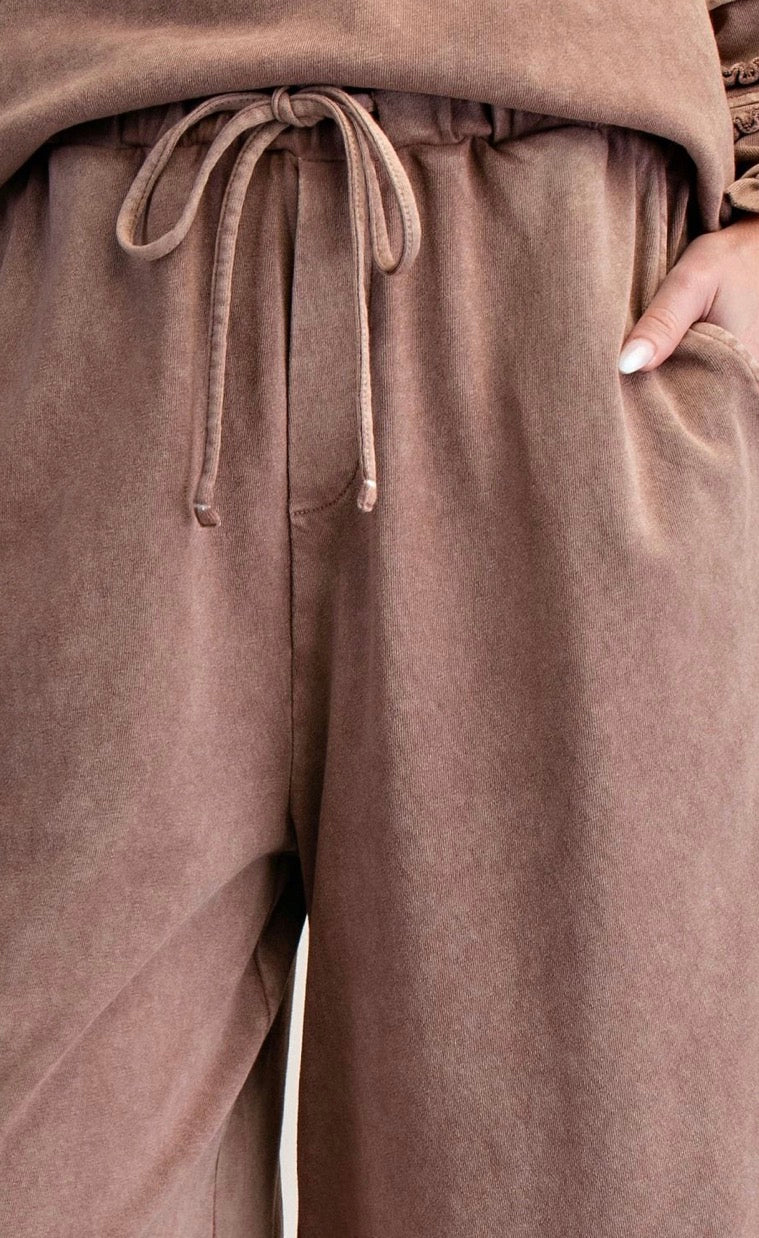 Easel EB90214 MOCHA WASHED TERRY TIERED RUFFLED WIDE LEG PANTS