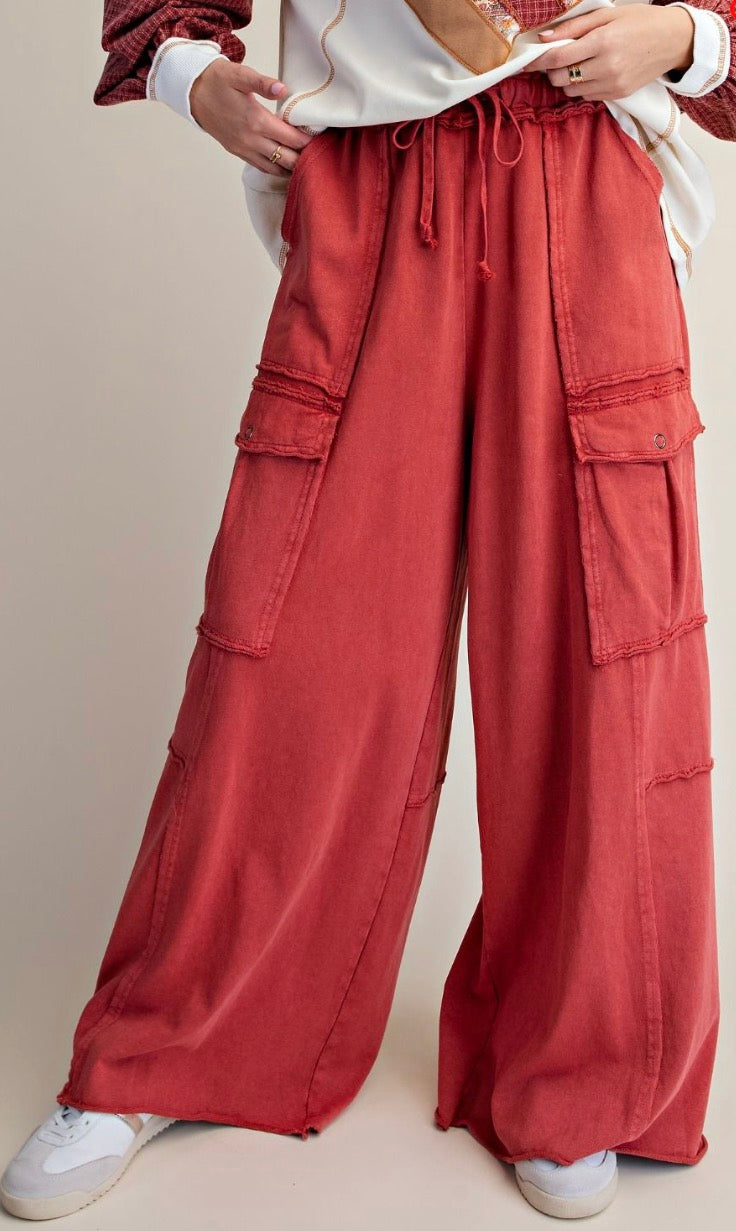Easel EB40795 Boho Red Mineral Washed Wide Legs