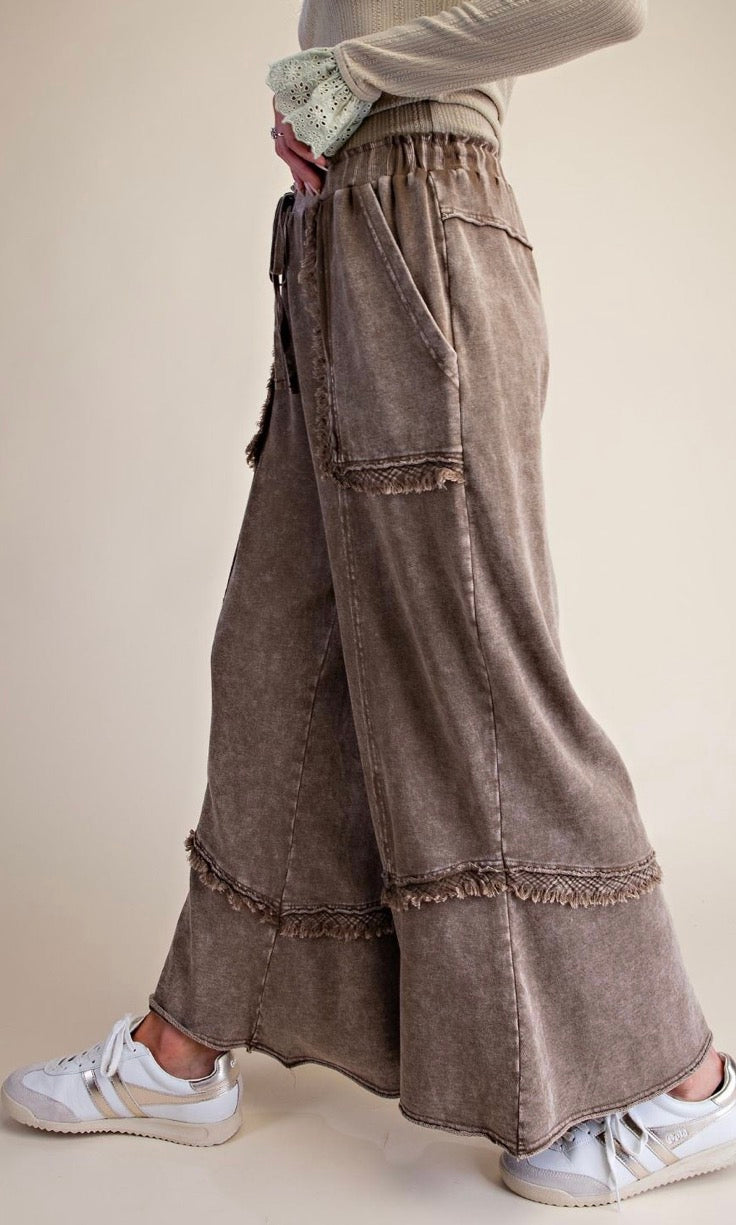 Easel EB58326 OLIVE GREEN SELF FRAY DETAILING WASHED TERRY PANTS