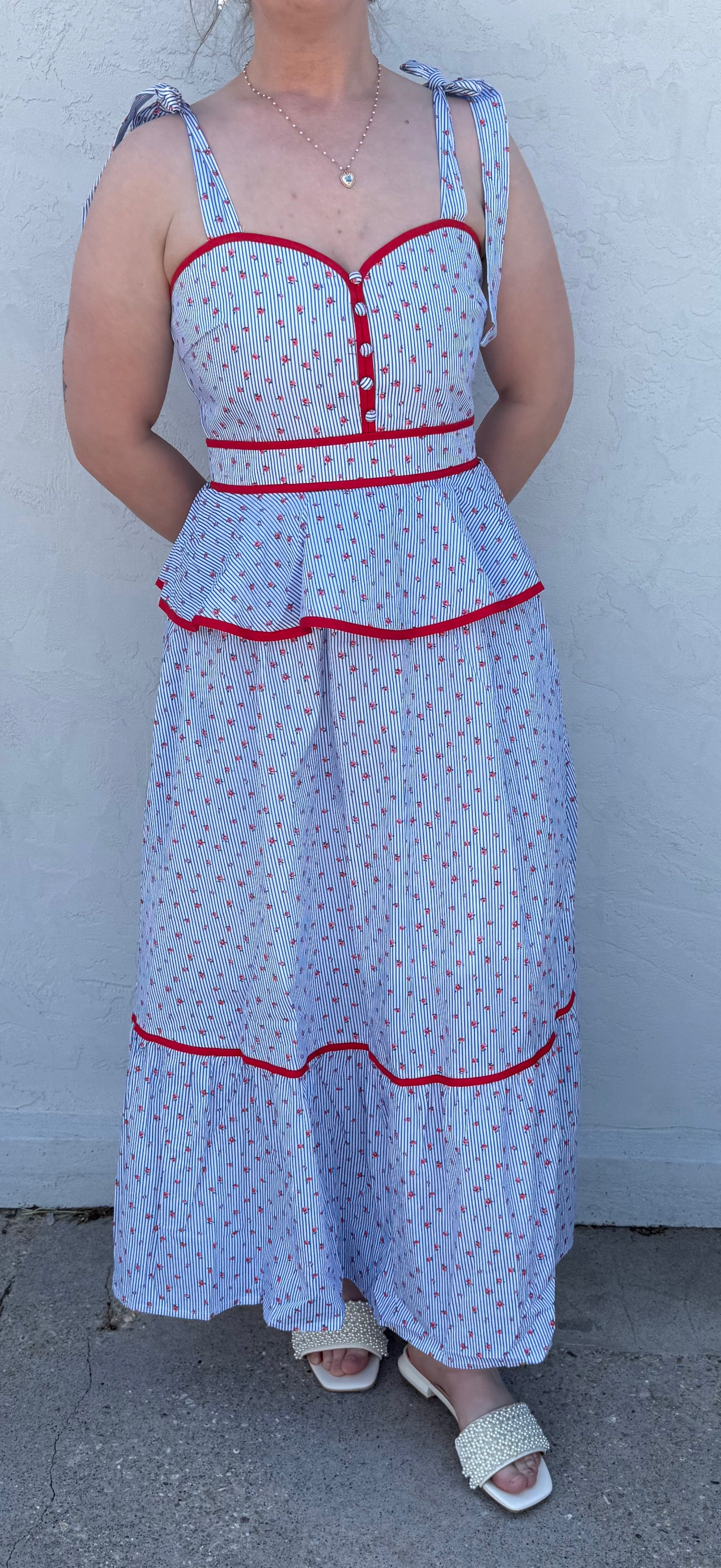 ENTRO D31191 PEPLUM STRIPE LONG DRESS