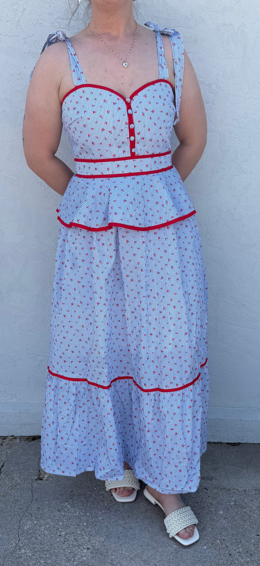ENTRO D31191 PEPLUM STRIPE LONG DRESS