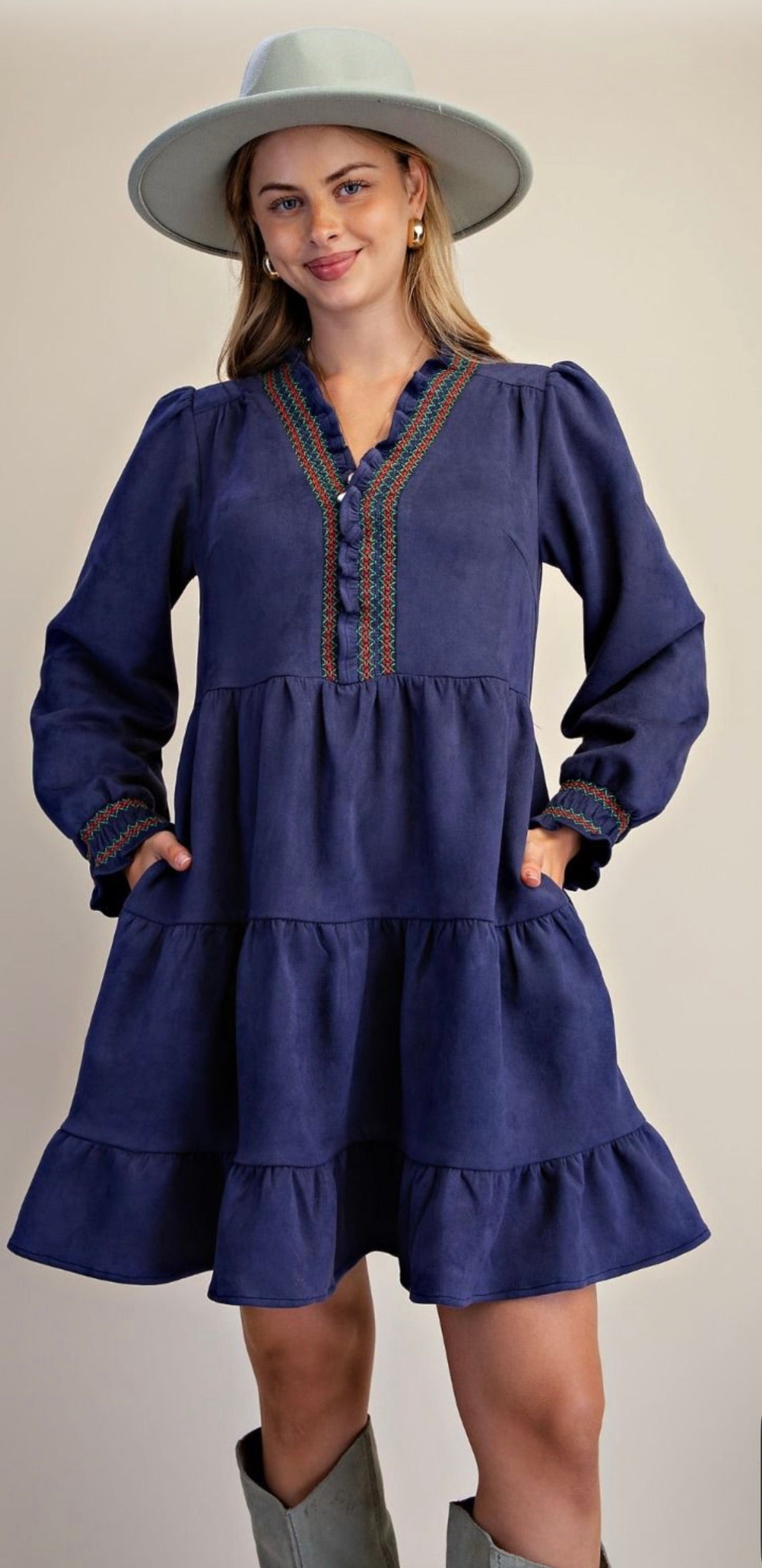EASEL ED30170 BLUEBERRY TIERED FAUX SUEDE DRESS
