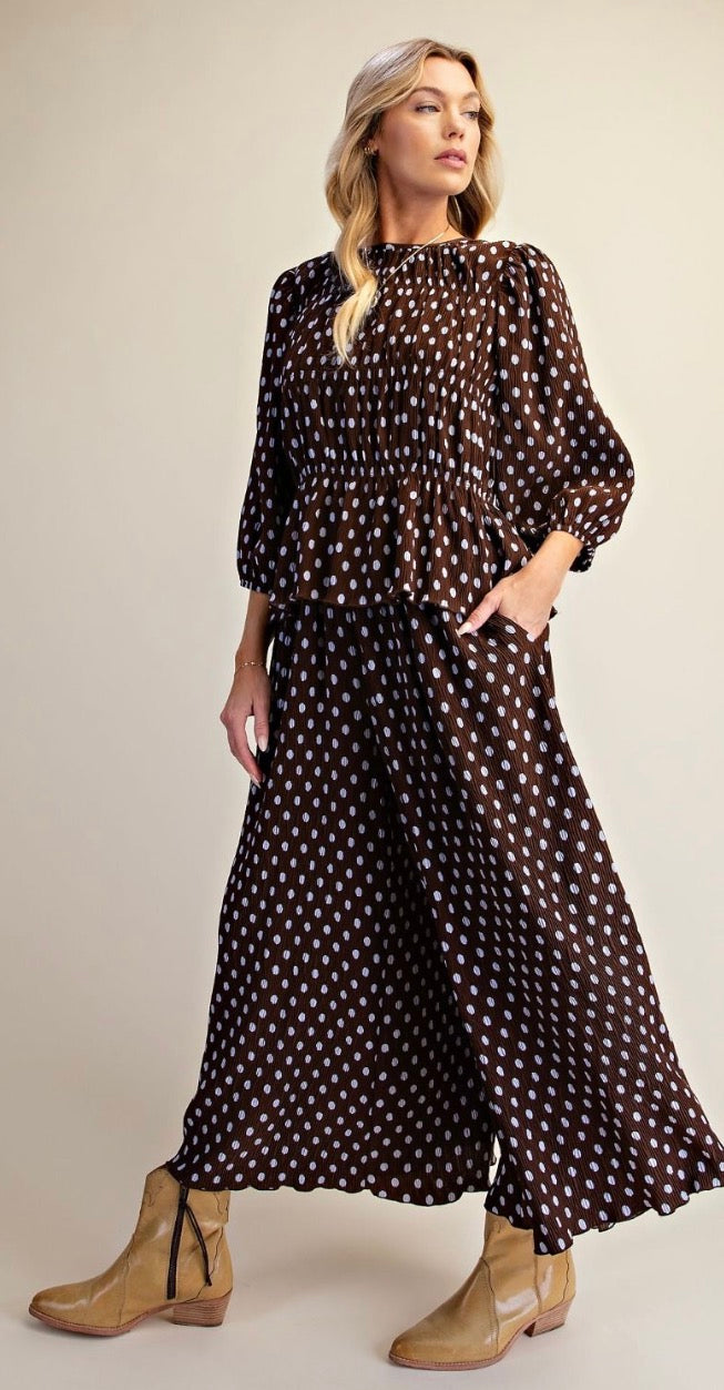 Easel EB50066 BROWN DOTS PRINT CRINKLED WOVEN PALAZZO PANTS