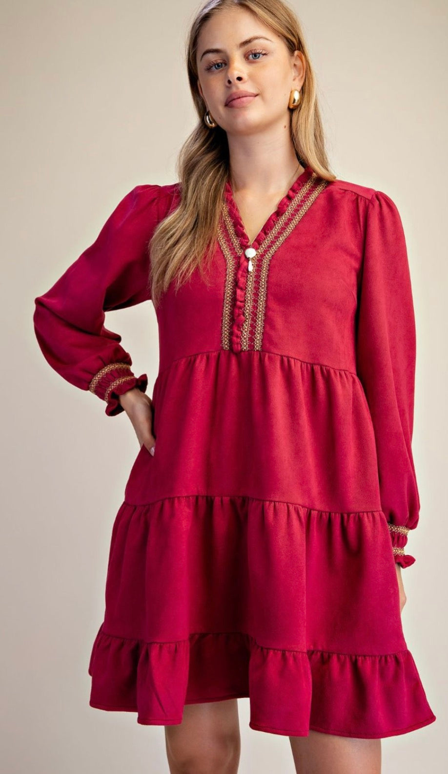 EASEL ED30170X BERRY TIERED FAUX SUEDE DRESS