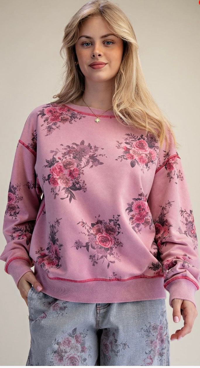 Easel ET29613X Dusty Rose SIGNATURE PRINT WASHED TERRY PULLOVER