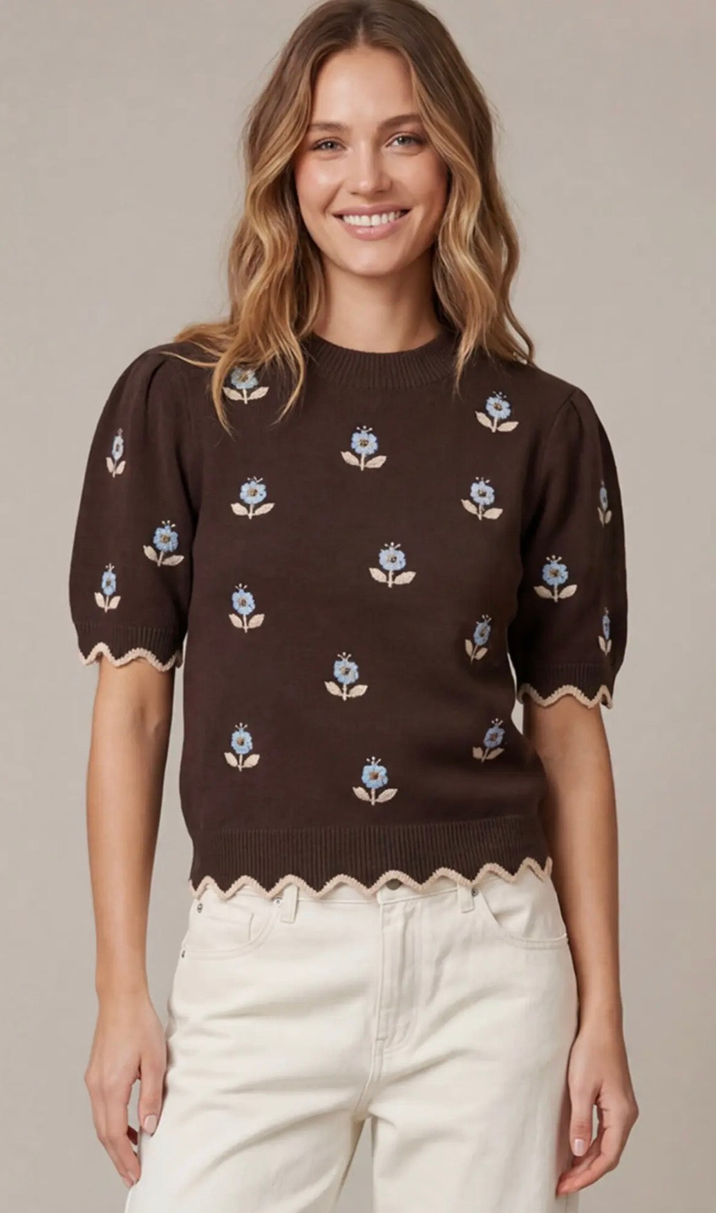 She + Sky ST1995 HALF SLEEVE FLOWER EMBROIDERY AND SCALLOPED EDGE SWEATER TOP
