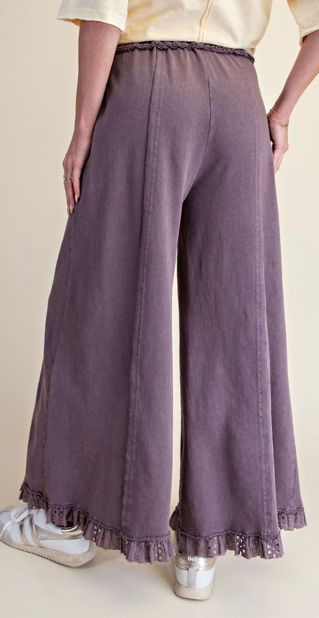 Easel EB58144 EGGPLANT LACE MIX MINERAL WASHED TERRY WIDE PANTS
