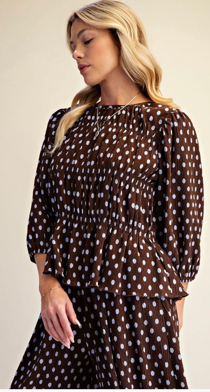 Easel ET30478 BROWN POLKA DOT PEPLUM WOVEN TOP