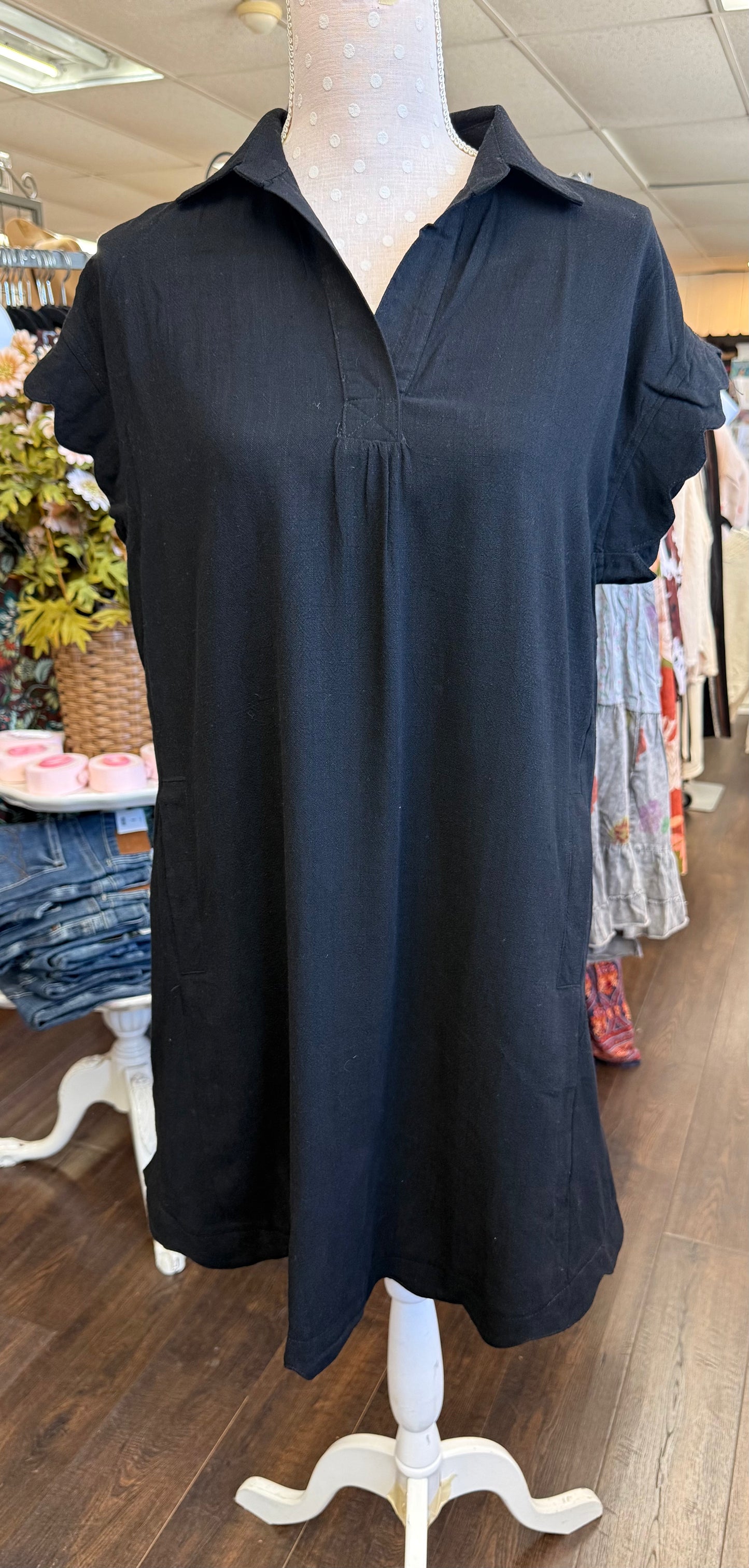 Umgee C5715 Black Linen Scallop Sleeve Dress