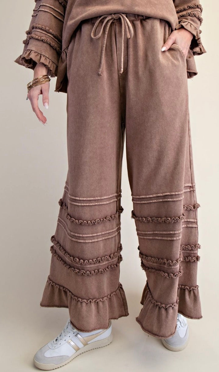 Easel EB90214 MOCHA WASHED TERRY TIERED RUFFLED WIDE LEG PANTS