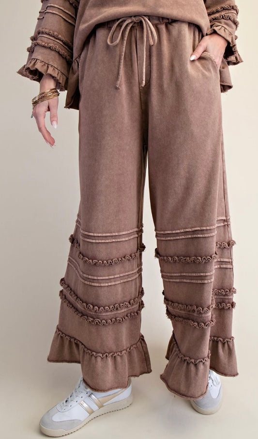 Easel EB90214 MOCHA WASHED TERRY TIERED RUFFLED WIDE LEG PANTS