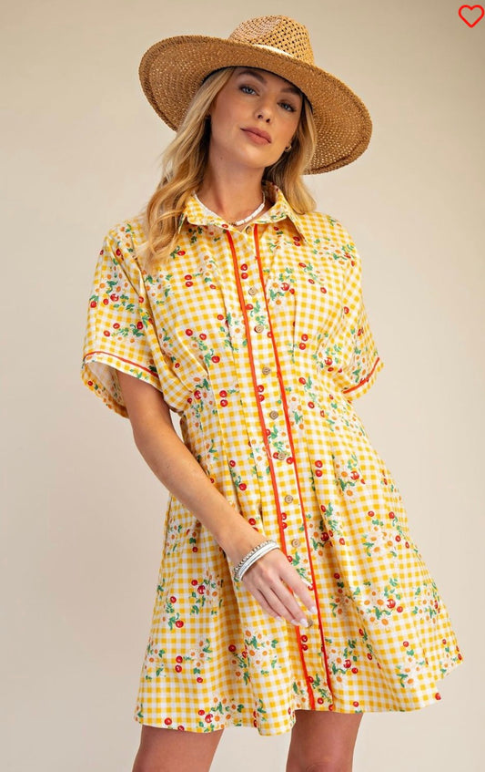 ED18996-Short slvs cherry gingham dress- yellow