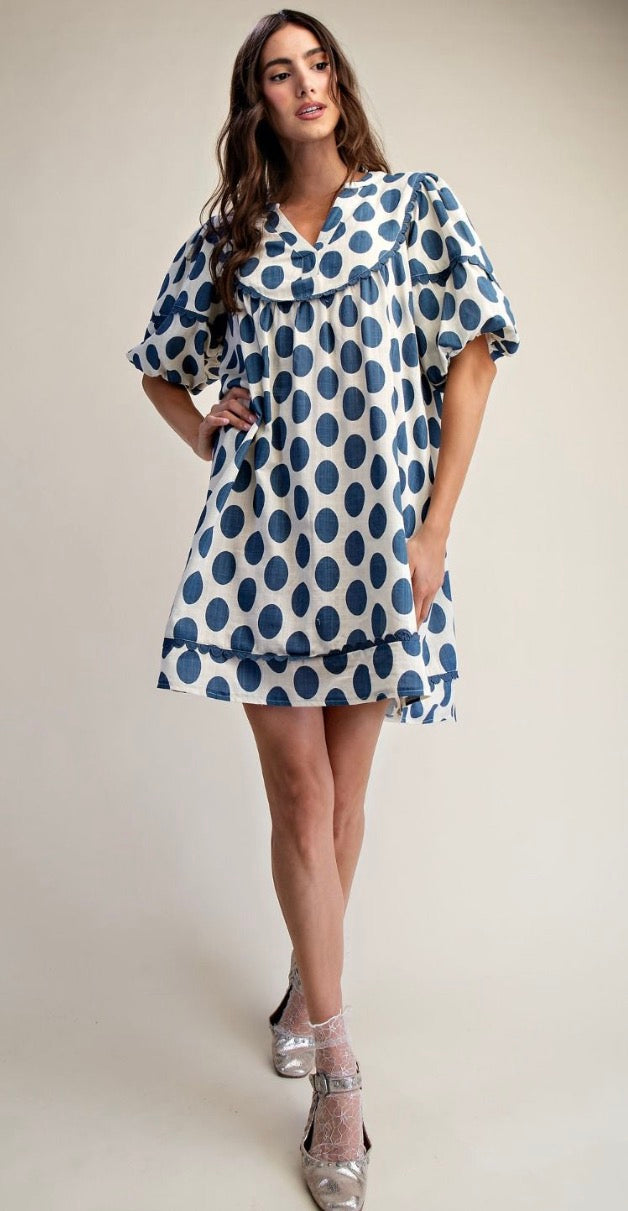 Easel ED29634 Blue POLKA DOTS LINEN MINI DRESS