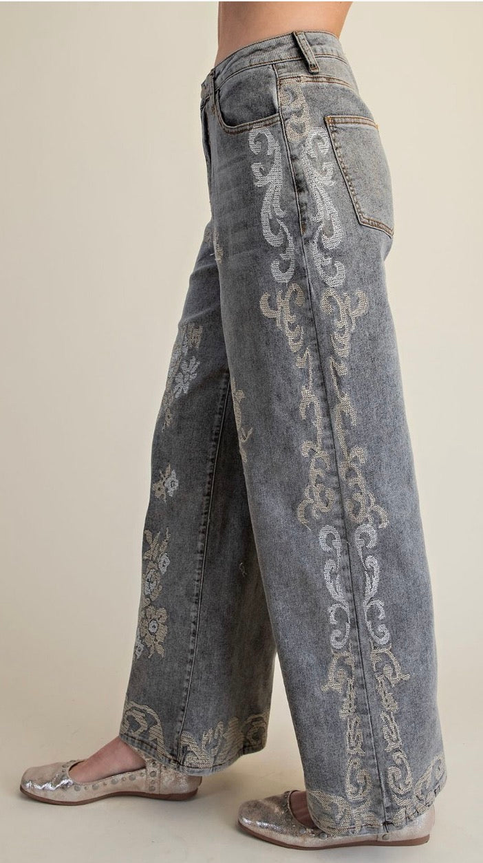 Easel EB41678 ASH DENIM BORDER EMBO DETAILING STONE WASHED DENIM PANTS