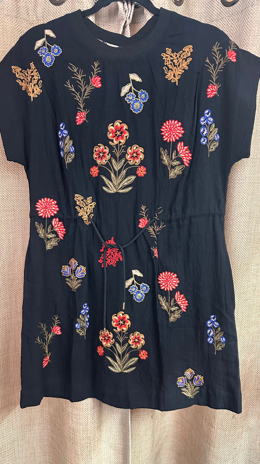 C5614 Black Embroidered Floral Mini Dress with Waist Tie