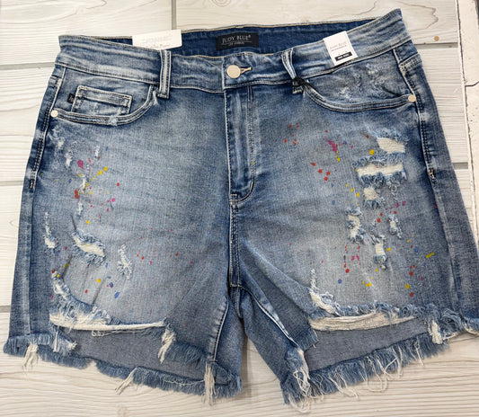 JB 15245 Midrise Rainbow Paint Splash Cutoff Shorts