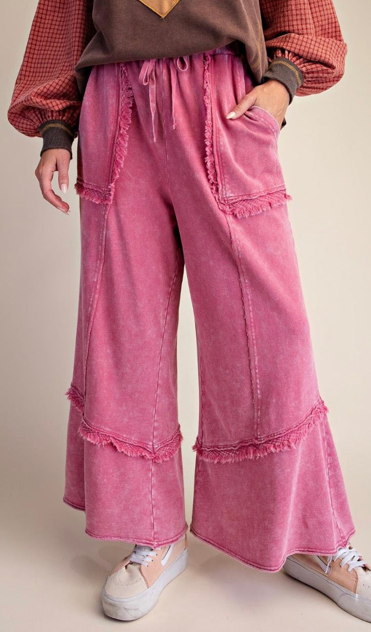 Easel EB58326X RASPBERRY SELF FRAY DETAILING WASHED TERRY PANTS