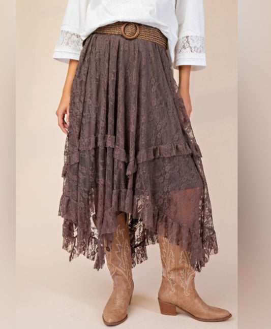 Easel-EB90082-Allover See Thru Lace Ruffle Skirt-Mocha