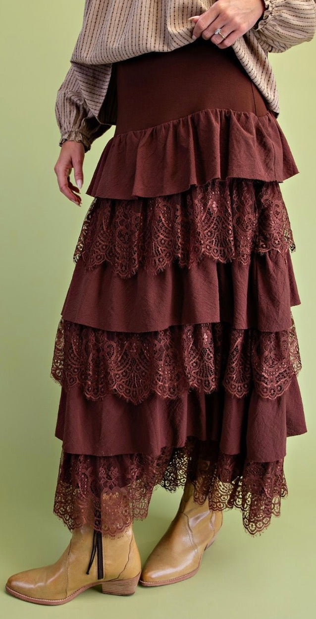 Easel SB400008 MOCHA LACE TIERED MAXI WOVEN SKIRT