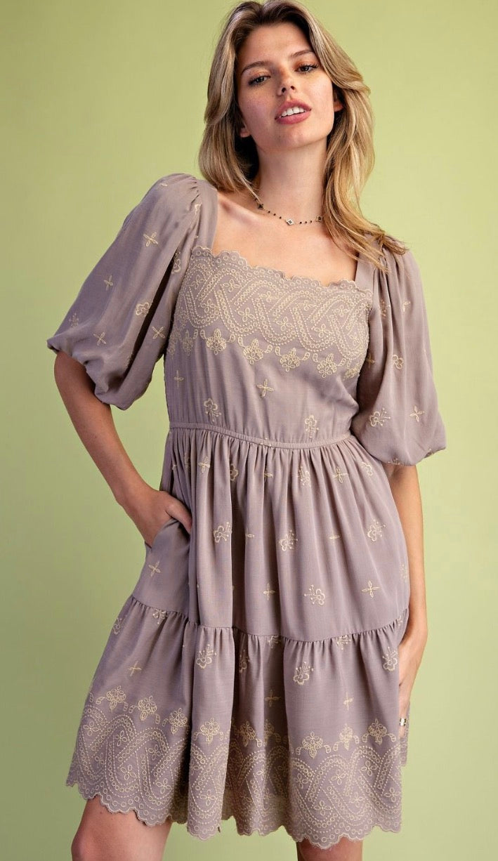 Easel SD500001 Mushroom EMBROIDERY DETAILING WOVEN DRESS