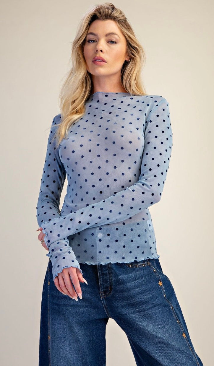 Easel ET71710B Denim POLKA DOT DETAILING MESH TOP