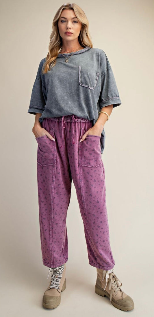 EASEL EB58038 Magenta Ditsy Printed Washed Terry Pants