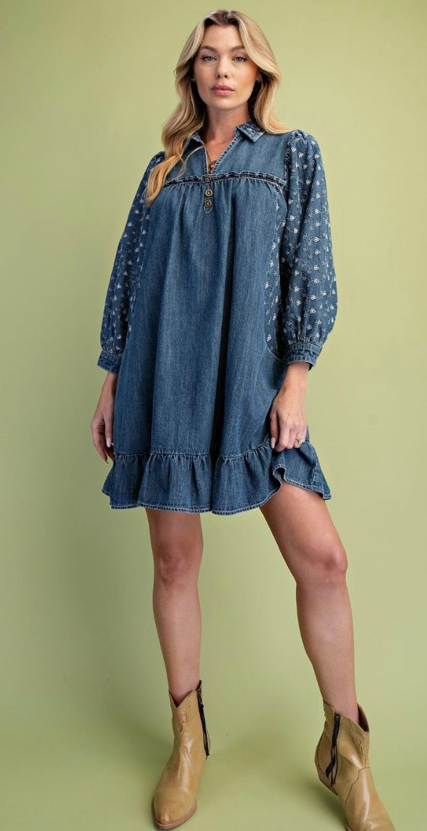 Easel SD300112 Washed Denim EMBROIDERED DRESS