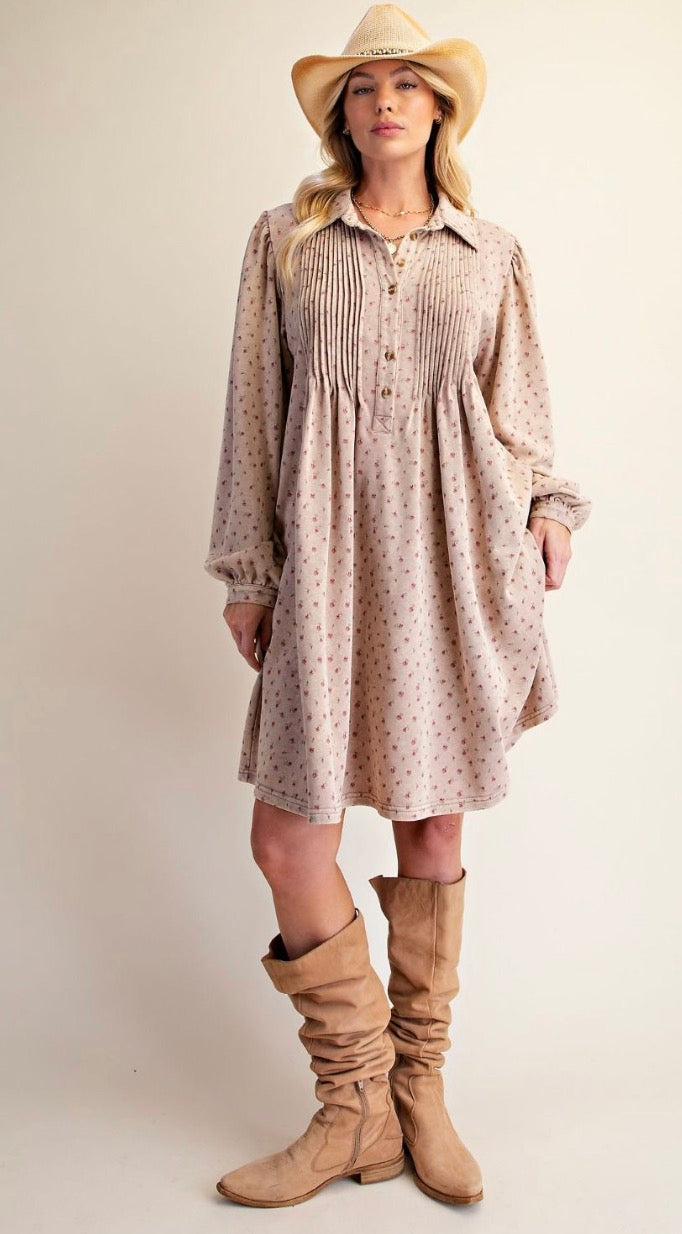 Easel ED30111 KHAKI FLORAL PRINTED WASHED TERRY DRESS