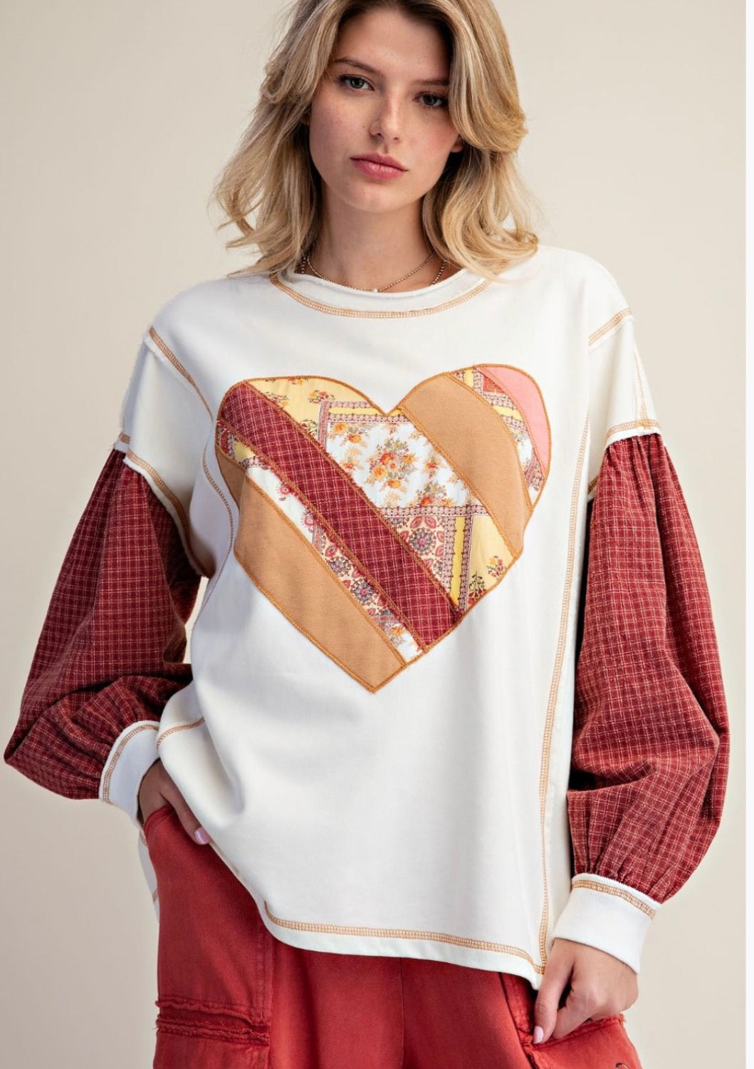 EASEL ET30120 IVORY LS PLAID MIX HEART PATCH