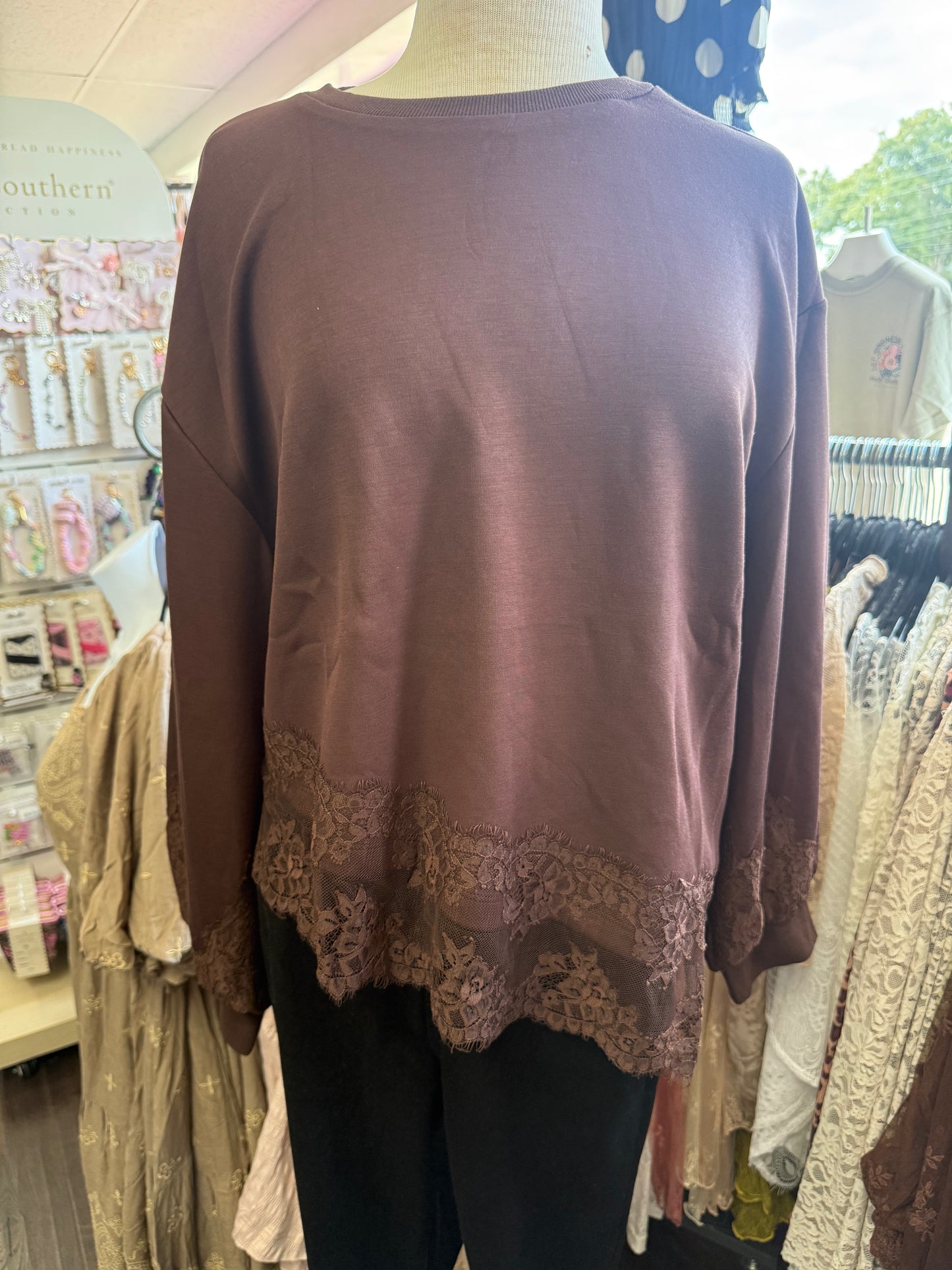 ENTRO T33695 Brown Long Slvs Asymmetrical Lace Trim Top