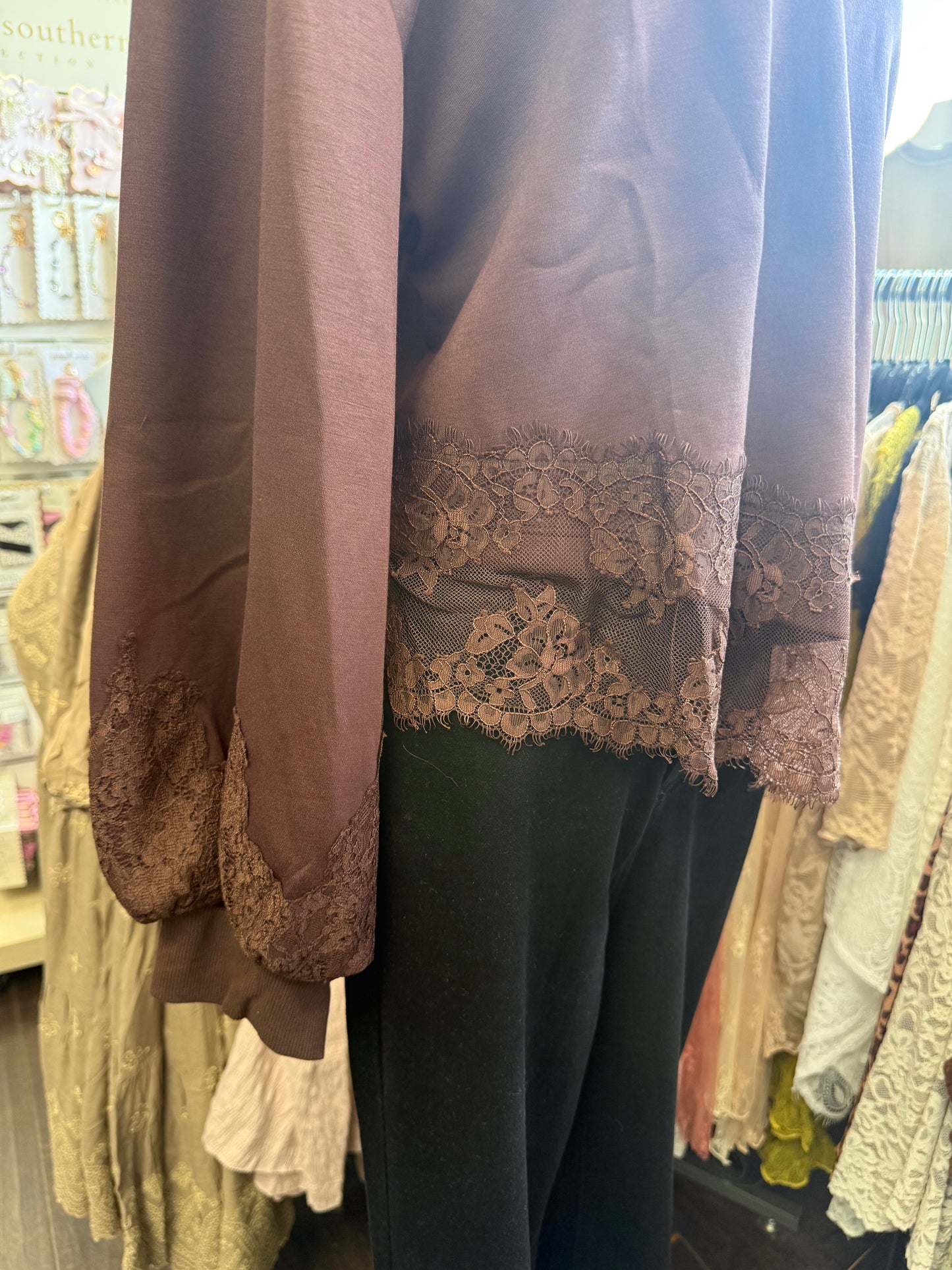 ENTRO T33695 Brown Long Slvs Asymmetrical Lace Trim Top