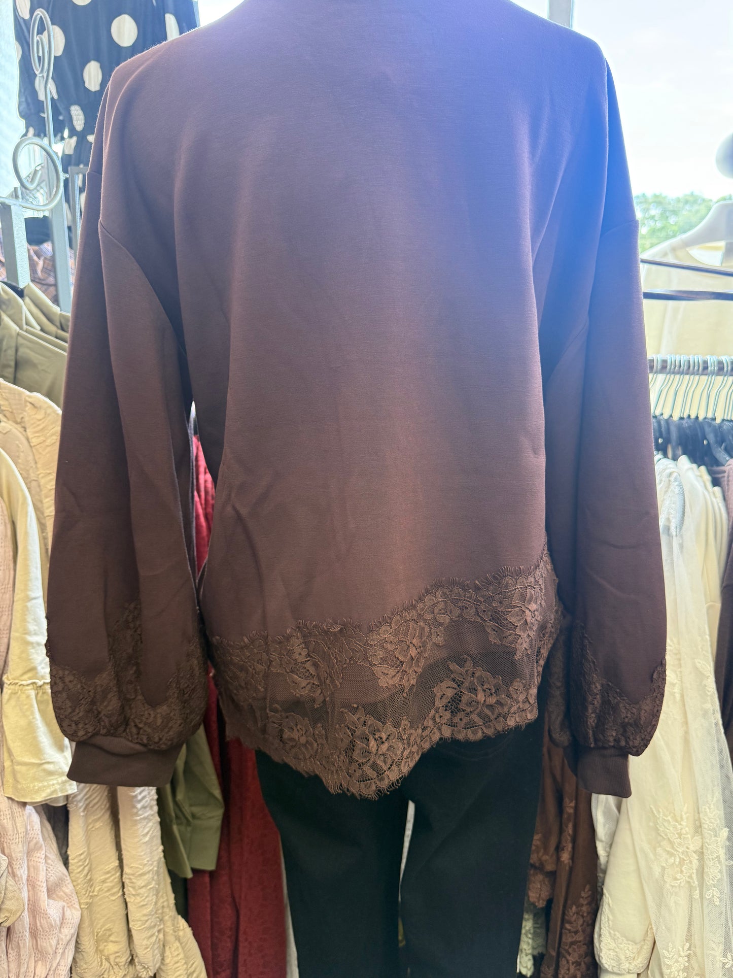 ENTRO T33695 Brown Long Slvs Asymmetrical Lace Trim Top