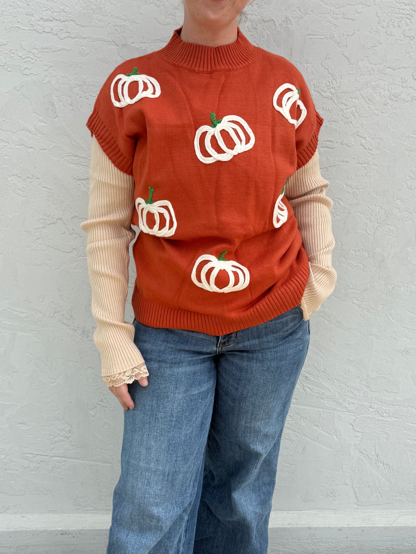 Vine & Love VT82759D Pumpkin Embroidered Knitted Sweater Vest