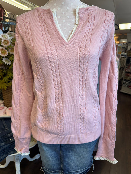 Vine and Love Blush Lace Embellished VNeck Cable Knit Sweater VT60757